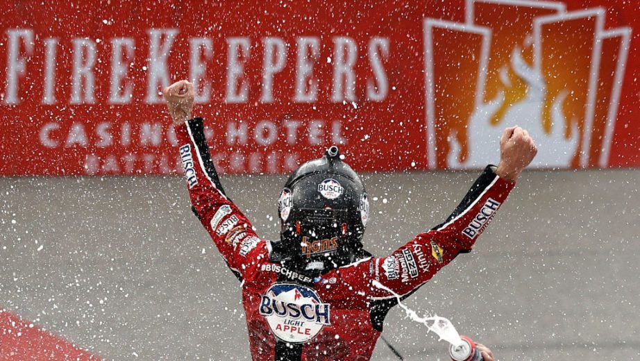 Kevin Harvick celebrates after winning at Michigan.