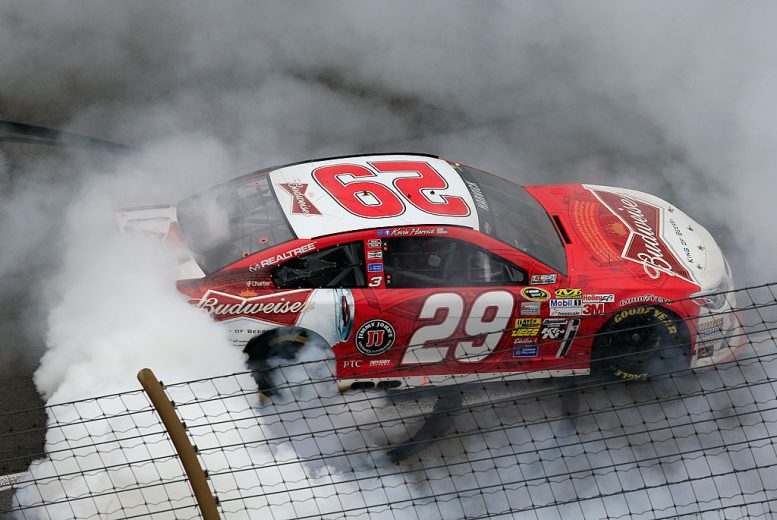 Kevin Harvick does a burnout at Kansas.