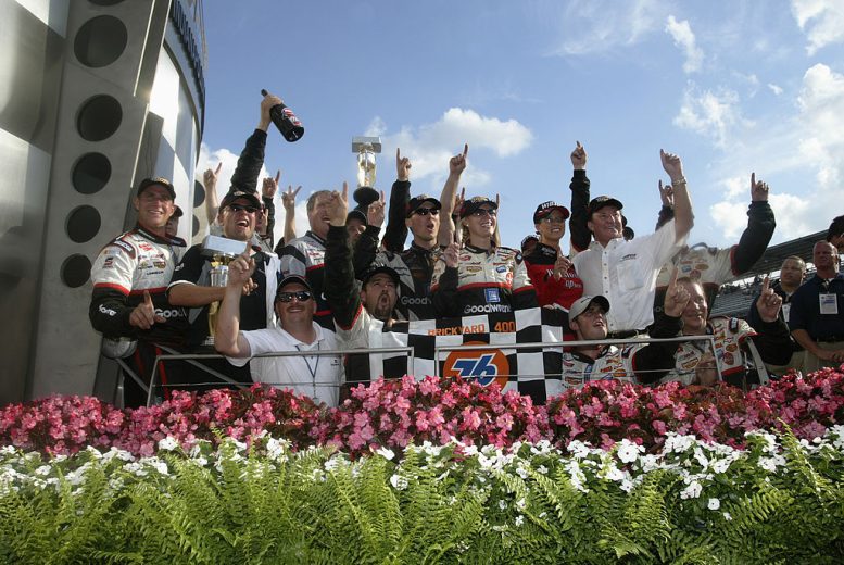 Kevin Harvick celebrates in Victory Lane at Indianapolis.