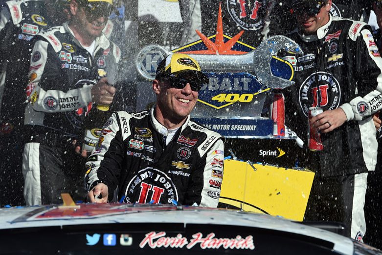 Kevin Harvick celebrates in Victory Lane at Las Vegas.