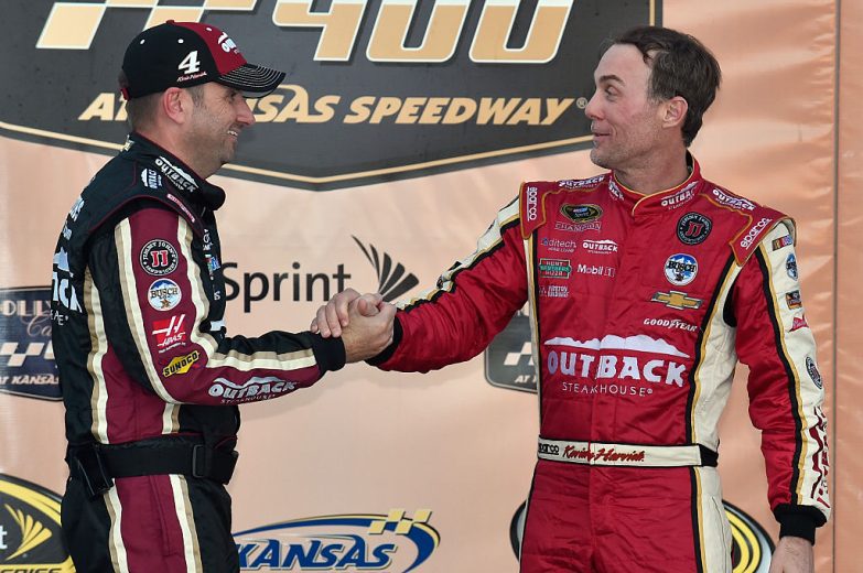 Kevin Harvick celebrates in Victory Lane at Kansas.