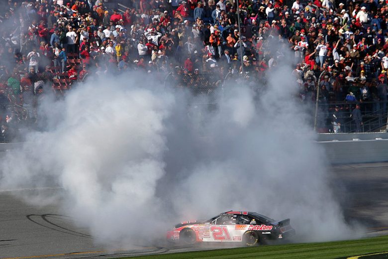 Kevin Harvick does a burnout at Daytona.