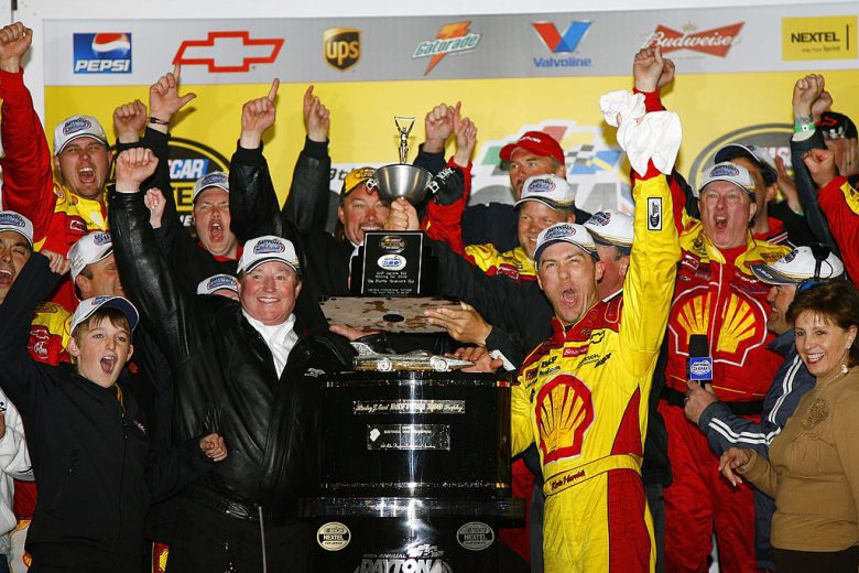 Kevin Harvick celebrates in Victory Lane at Daytona.