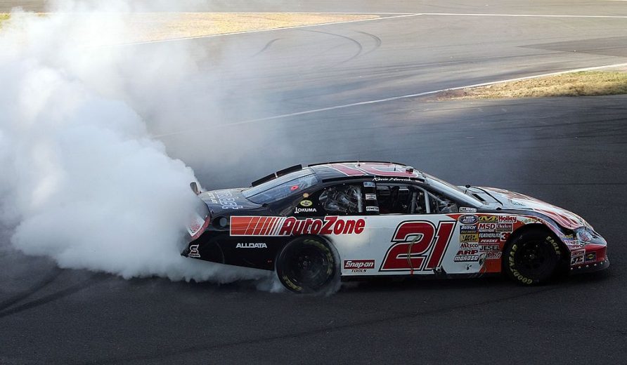 Kevin Harvick does a burnout at Montreal.