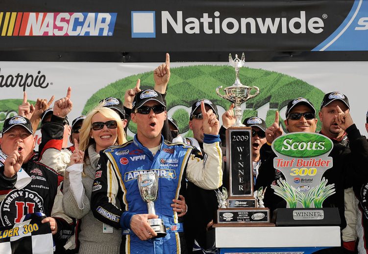 Kevin Harvick celebrates in Victory Lane at Bristol.