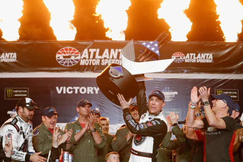 Kevin Harvick celebrates in Victory Lane at Atlanta.
