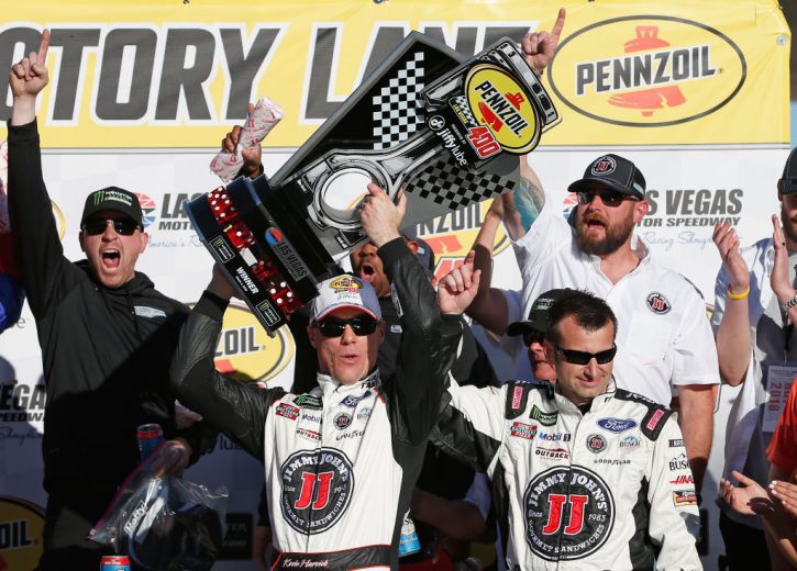 Kevin Harvick celebrates in Victory Lane at Las Vegas.
