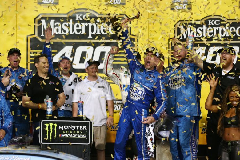 Kevin Harvick celebrates in Victory Lane at Kansas.