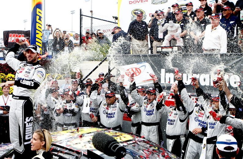 Jimmie Johnson celebrates in Victory Lane.
