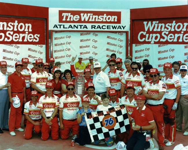 Bill Elliot celebrates in Victory Lane