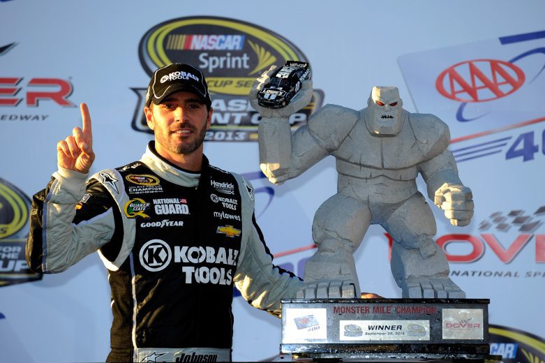 Jimmie Johnson poses next race winning trophy