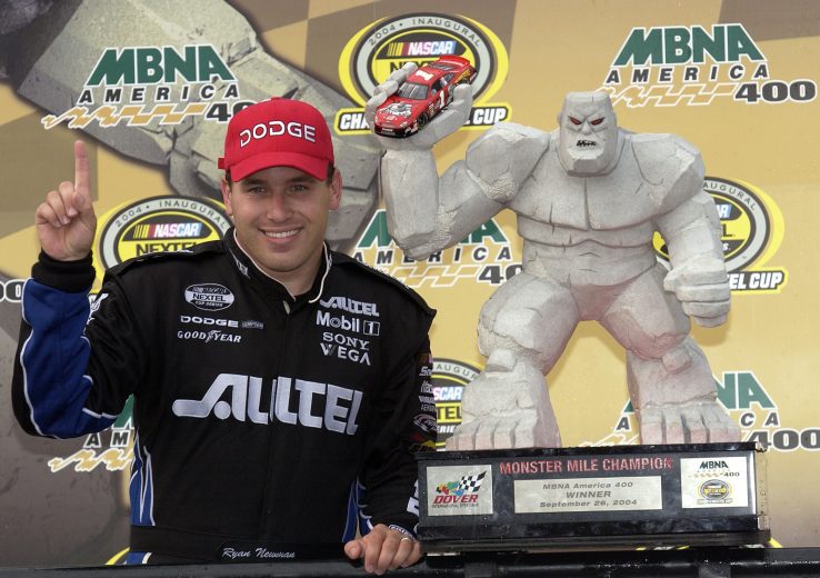 Ryan Newman poses with trophy in Victory Lane.