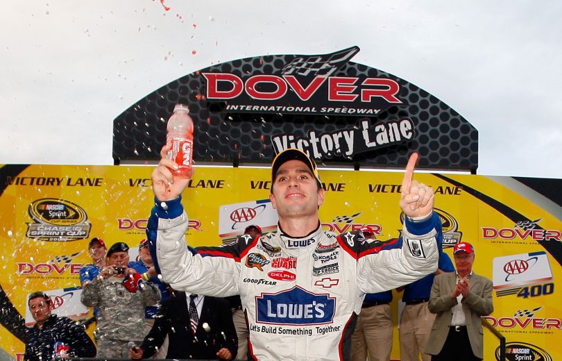 Jimmie Johnson celebrates in Victory Lane.