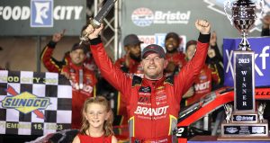 Justin Allgaier celebrates in Victory Lane