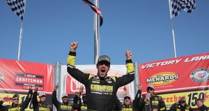 Grant Enfinger celebrates at the Milwaukee Mile
