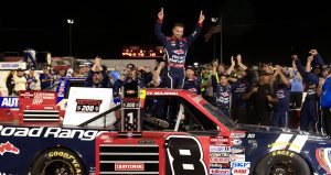 Ty Majeski celebrates in Victory Lane at Indianapolis Raceway Park.