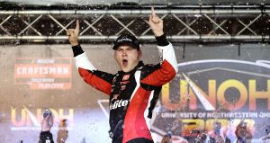 Corey Heim celebrates in Victory Lane at Bristol Motor Speedway.