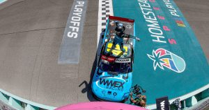 Carson Hocevar celebrates on the frontstretch after winning at Homestead-Miami Speedway.