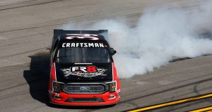 Brett Moffitt does a burnout after winning at Talladega Superspeedway