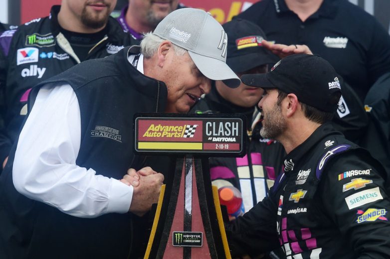 Jimmie Johnson celebrates in Victory Lane at Daytona.