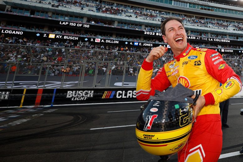 Joey Logano celebrates after winning the Busch Light Clash.