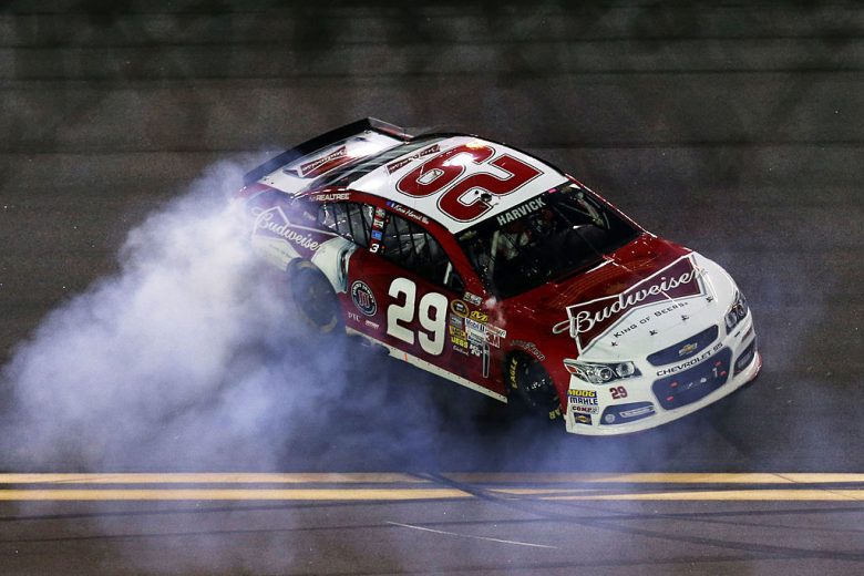 Kevin Harvick celebrates winning at Daytona with a burnout.