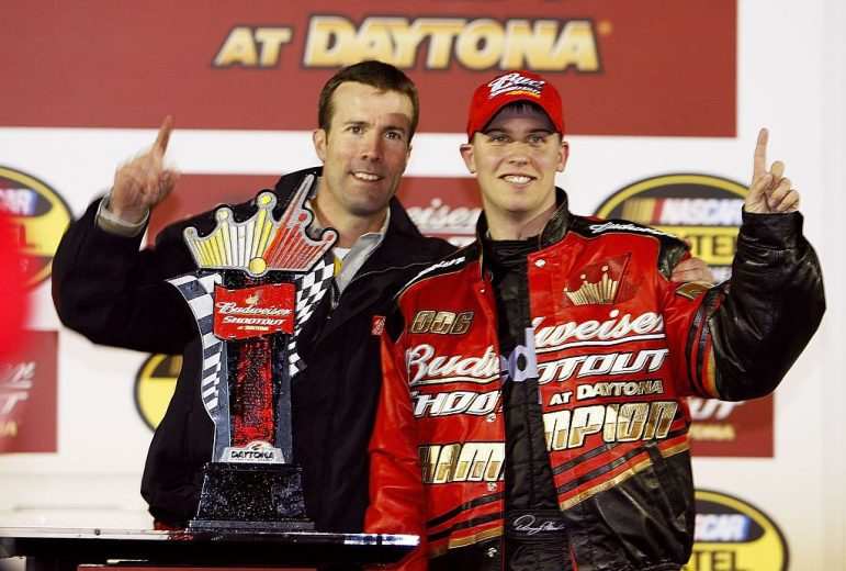 Denny Hamlin celebrates in Victory Lane at Daytona.