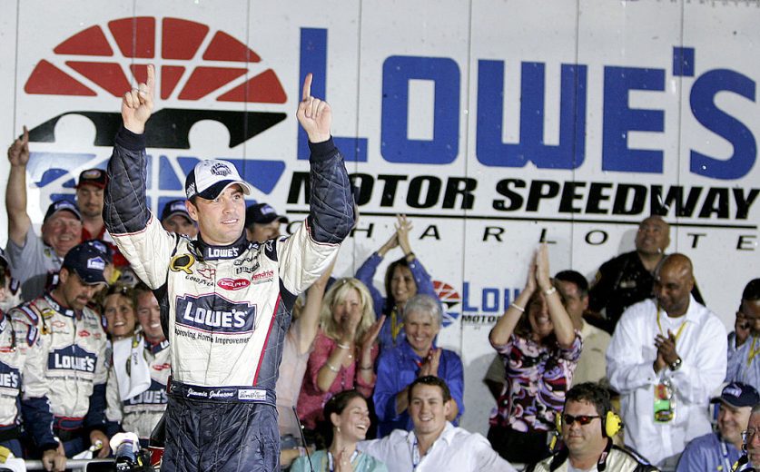 Jimmie Johnson celebrates in Victory Lane at Charlotte.