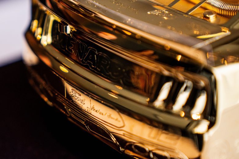 A close up look at the 2023 Goodyear gold car.
