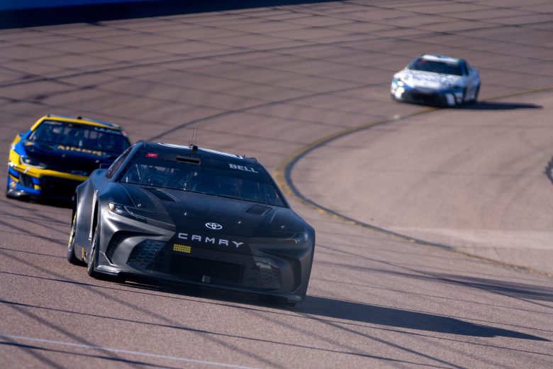 Christopher Bell, Corey LaJoie and Erik Jones drive their NASCAR Cup Series cars during a test session at Phoenix.