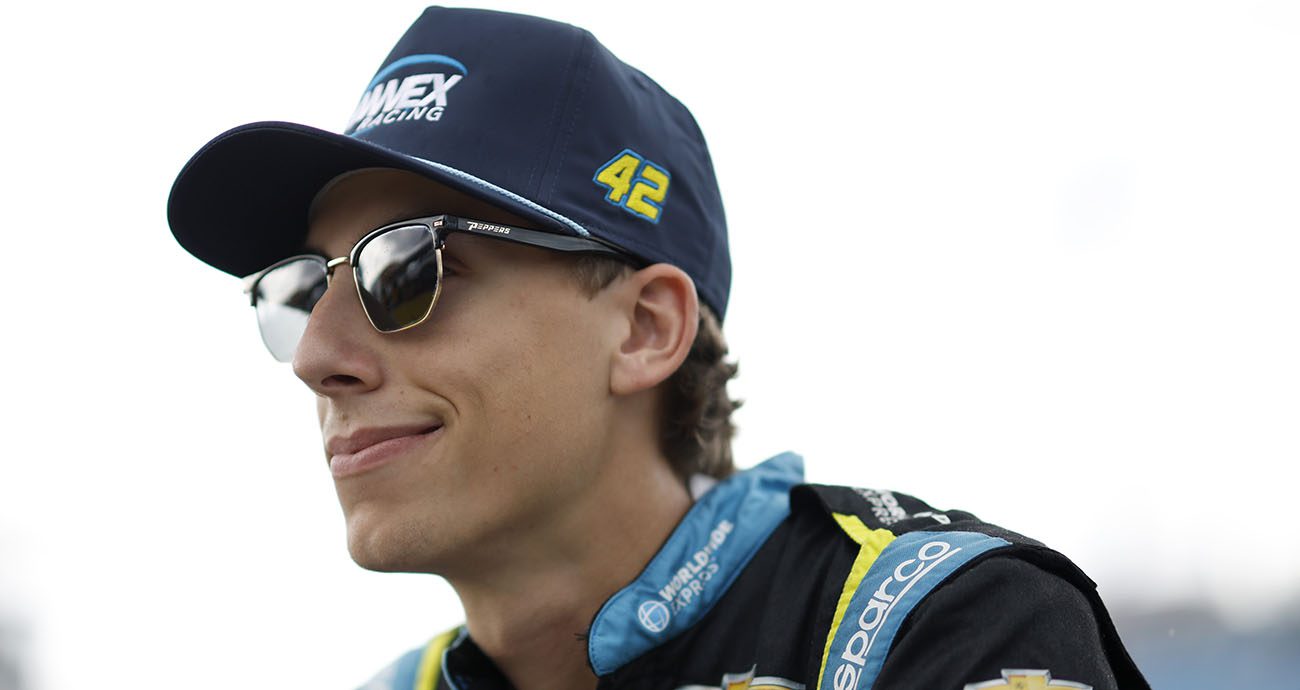 HOMESTEAD, FLORIDA - OCTOBER 20: Carson Hocevar, driver of the #42 Worldwide Express Chevrolet, looks on during practice for the NASCAR Craftsman Truck Series Baptist Health Cancer Care 200 at Homestead-Miami Speedway on October 20, 2023 in Homestead, Florida. (Photo by Sean Gardner/Getty Images)