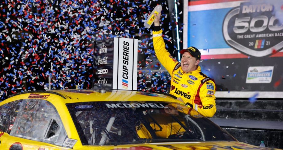 Michael McDowell celebrates in Victory Lane at Daytona.