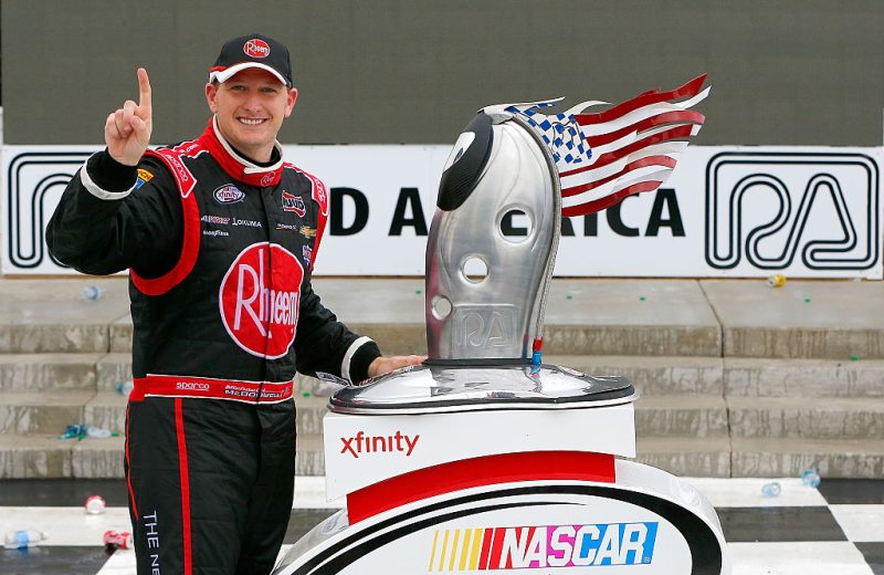 Michael McDowell celebrates in Victory Lane at Road America.