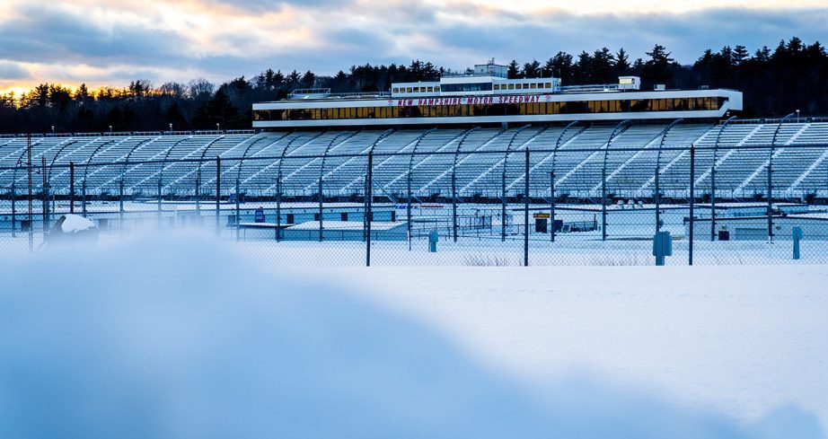 A snow covered New Hampshire Motor Speedway.