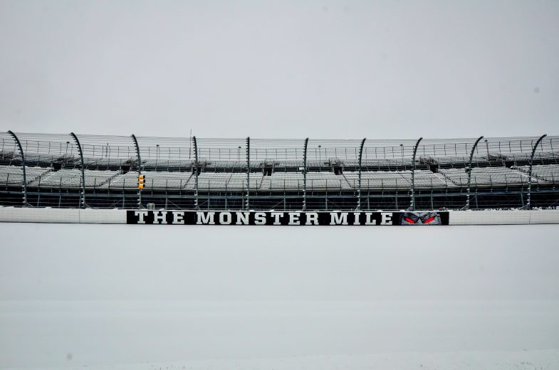 Snow on track at Dover Motor Speedway.