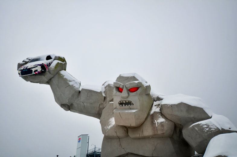 Miles The Monster covered in snow at Dover Motor Speedway.
