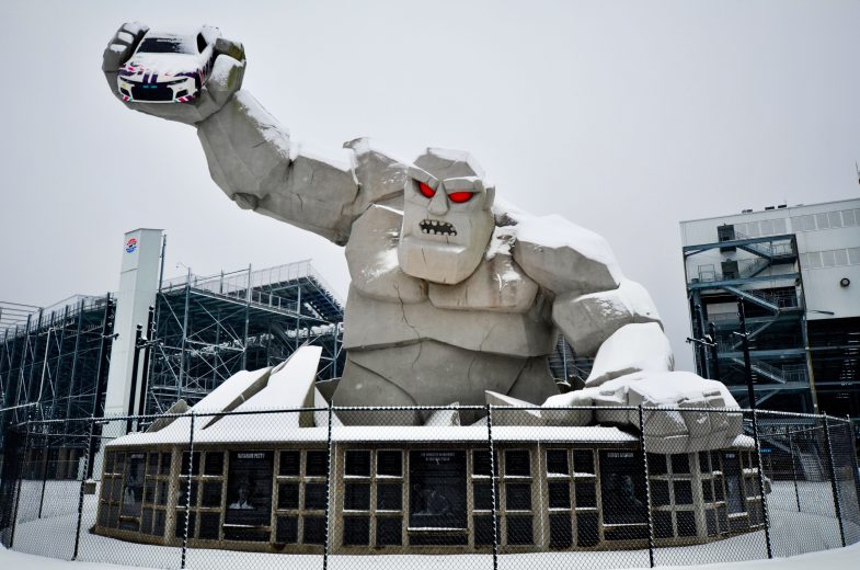 Miles The Monster covered in snow at Dover Motor Speedway.