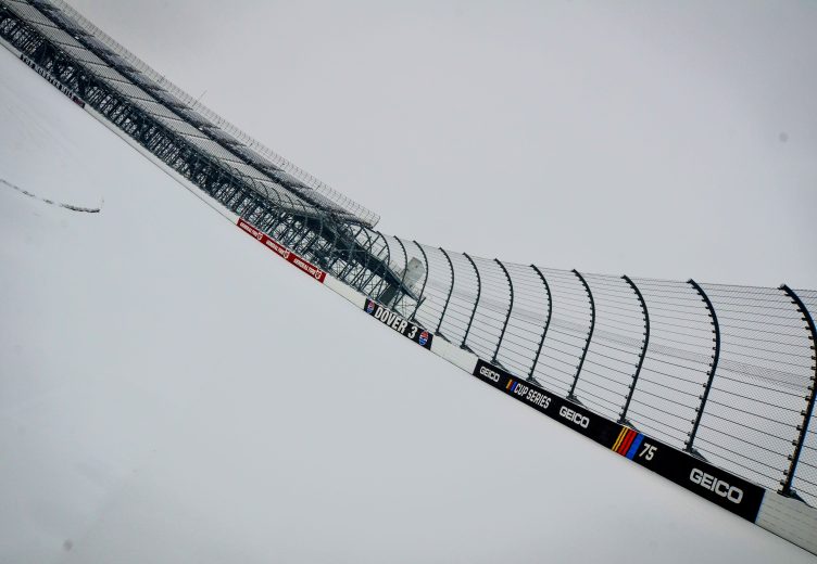 Snow on track at Dover Motor Speedway.