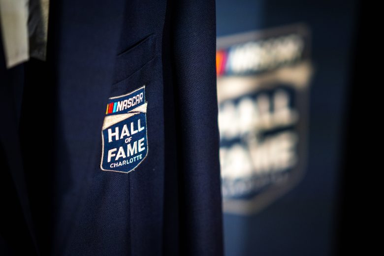 A close up view of the NASCAR Hall of Fame patch on the blue Hall of Fame blazer
