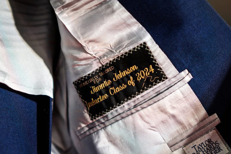 A close up picture of focusing on the inside of patch of Jimmie Johnson's Hall of Fame jacket.