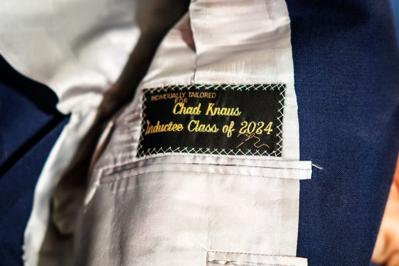 A close up picture of focusing on the inside of patch of Chad Knaus' Hall of Fame jacket.