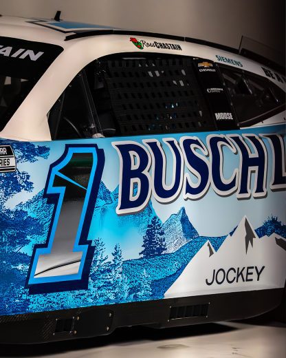A close up view of the driver side panel of the Number 1 Busch Light Chevrolet