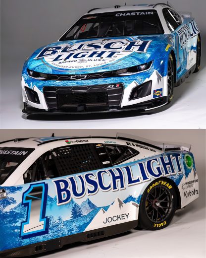 Image of the hood and full view of the driver side of the number one Busch Light Chevrolet