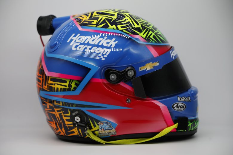 View of Kyle Larson's Blue and neon race helmet