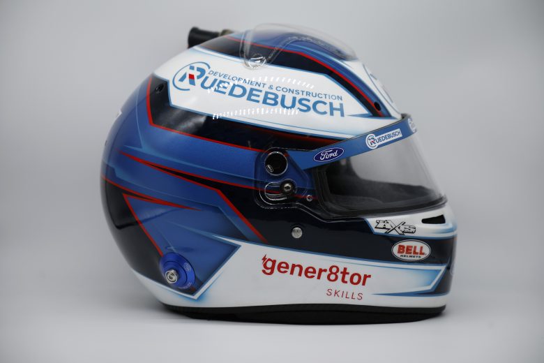 side profile view of Todd Gilliland's blue and white racing helmet.
