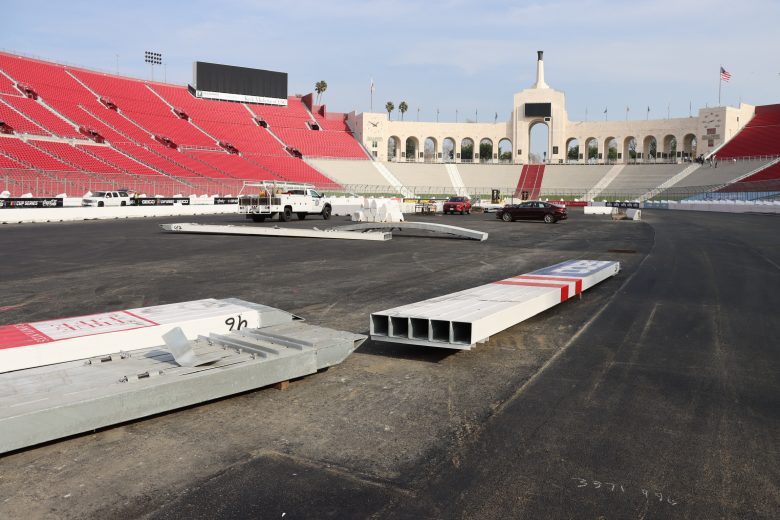 SAFER barriers being installed at Los Angeles Memorial Coliseum