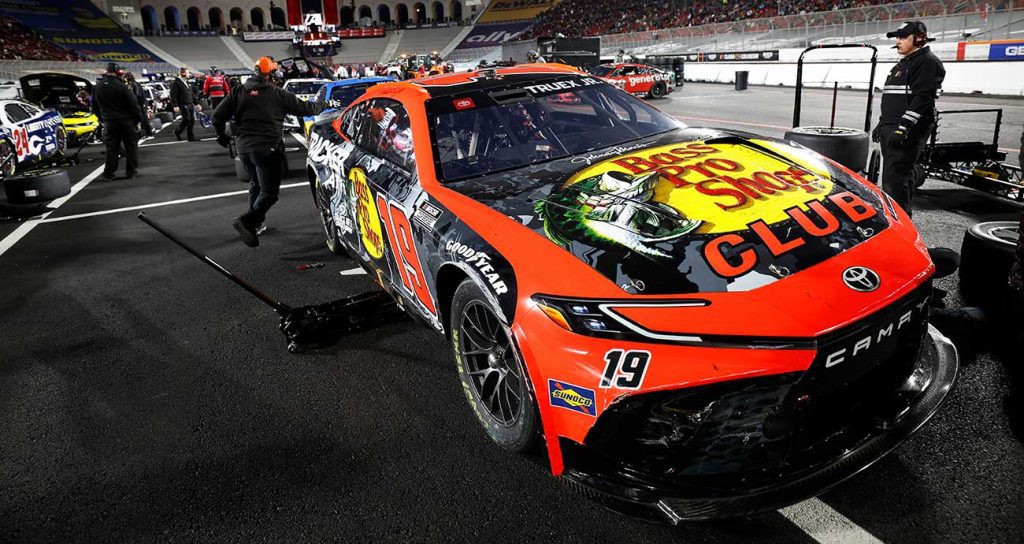 The No. 19 Toyota Camry XSE of Martin Truex Jr. at the Los Angeles Memorial Coliseum