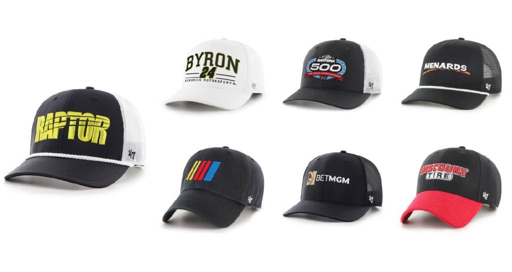 Headwear offerings from '47, which has signed a licensing partnership for NASCAR sports apparel and headwear