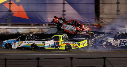 Taylor Gray gets airborne as Corey LaJoie, Matt Crafton and others crash at Daytona International Speedway.