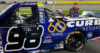 Ty Majeski rests against his No. 98 truck after Friday night's race at Las Vegas Motor Speedway